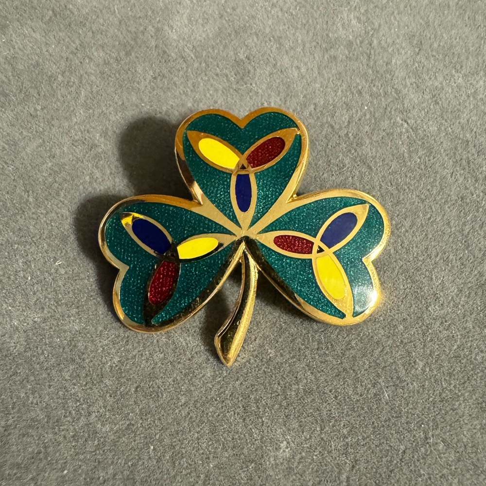 Tara Shamrock With Trinity Knot Patterns Hand Enameled Brooch